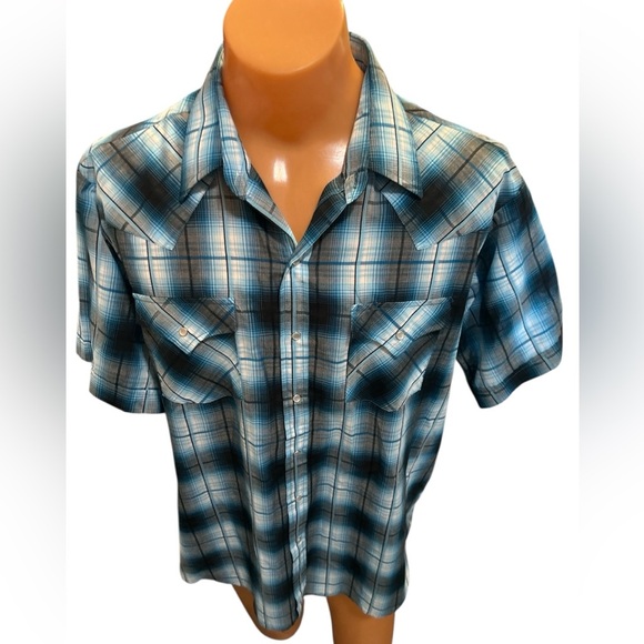 Ely Cattleman Men’s Button Front Shirt Size XL Pearl Snap Blue & Black Plaid SS. - Picture 2 of 10